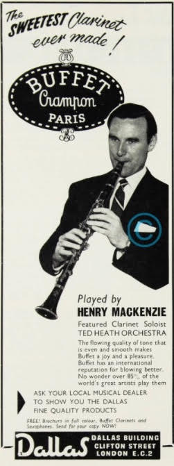 Advertisement from Crescendo Magazine featuring Henry Mackenzie, July, 1963. Photo courtesy of Bu et-Crampon and National Jazz Archive, Great Britain