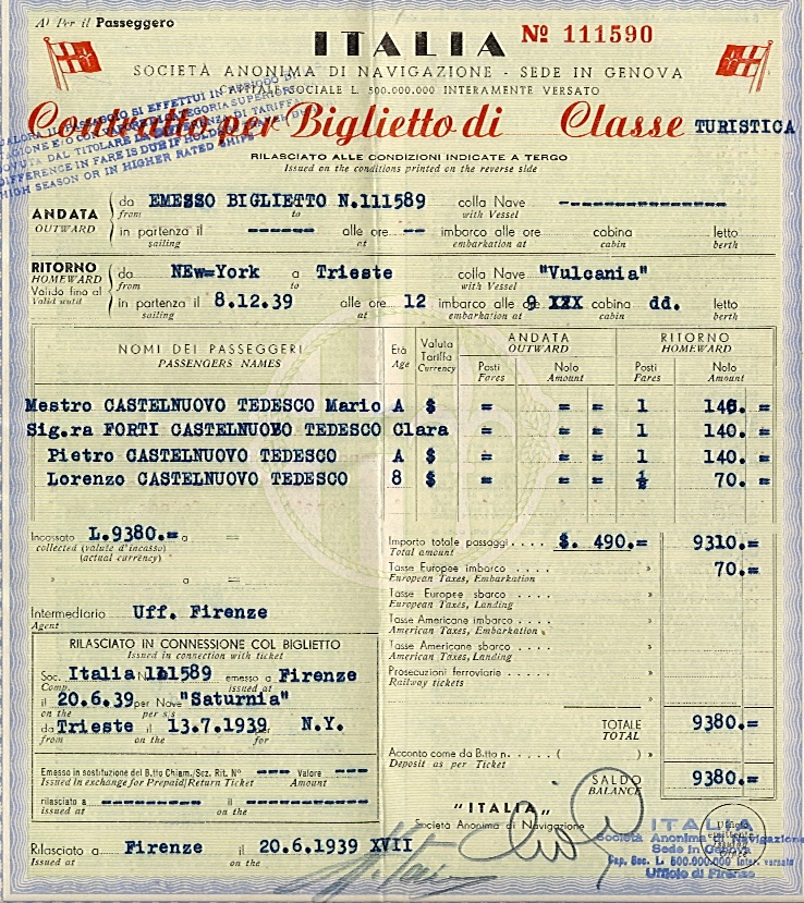 Mario Castelnuovo-Tedesco’s round-trip ticket to the U.S., which allowed him to leave Italy in 1939 Credit: Photo courtesy of the Mario Castelnuovo-Tedesco Collection at the Library of Congress, Washington, D.C.