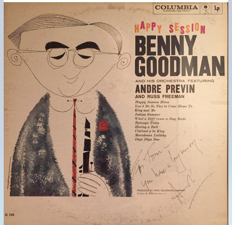 Cover of Benny Goodman's Happy Session, inscribed to Tom Martin from André Previn