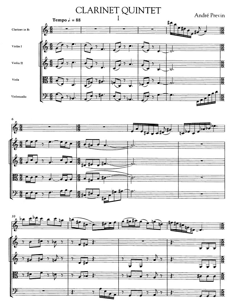 Clarinet Quintet by André Previn, mm 1-13 ©2011 by G. Schirmer, Inc. All Rights Reserved. International Copyright Secured. Used by Permission.
