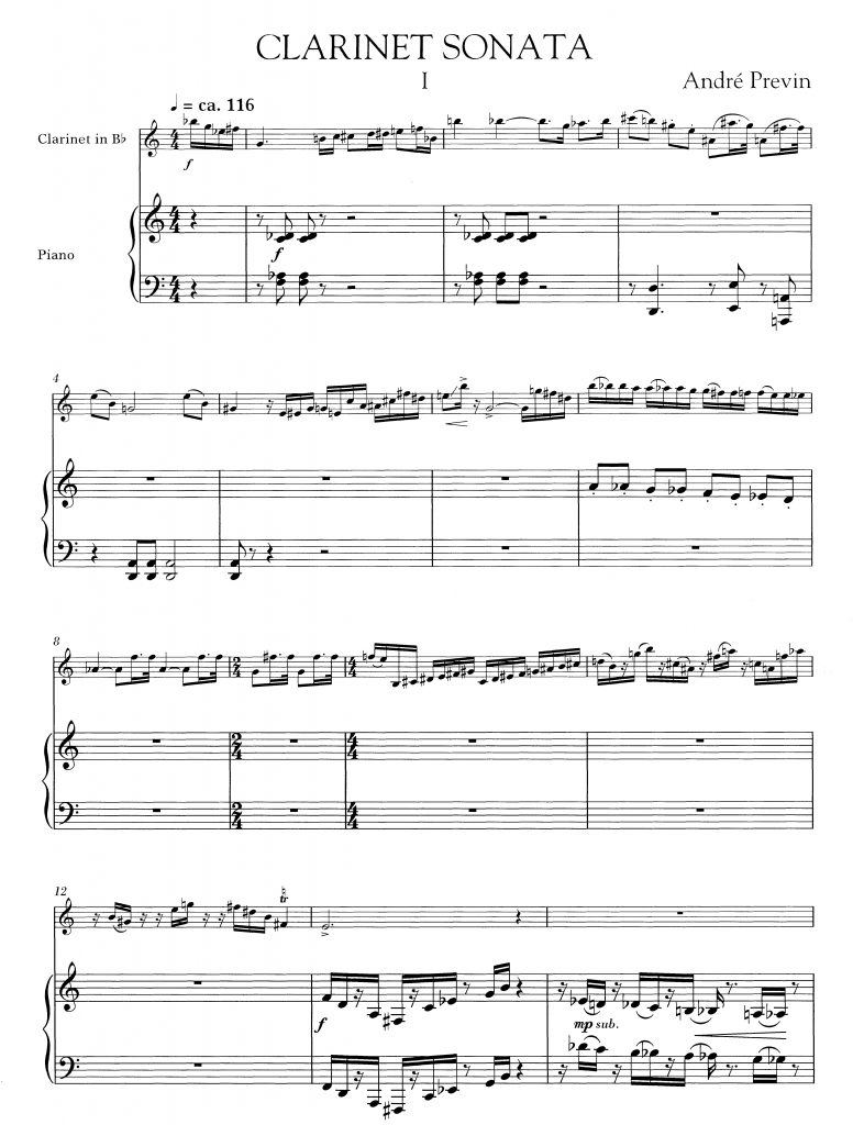 Sonata for Clarinet and Piano by André Previn, mm 1-14 ©2010 by G. Schirmer, Inc. All Rights Reserved. International Copyright Secured. Used by Permission.