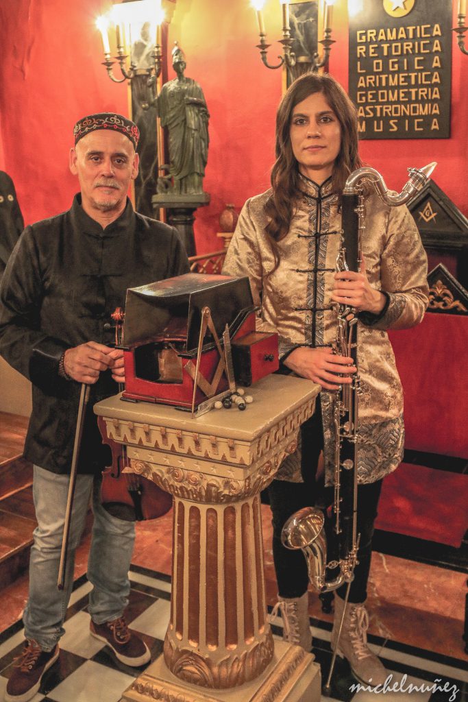 The Formica's Age Duo during a video recording at a recreation of a Masonic Lodge in Salamanca, Spain
