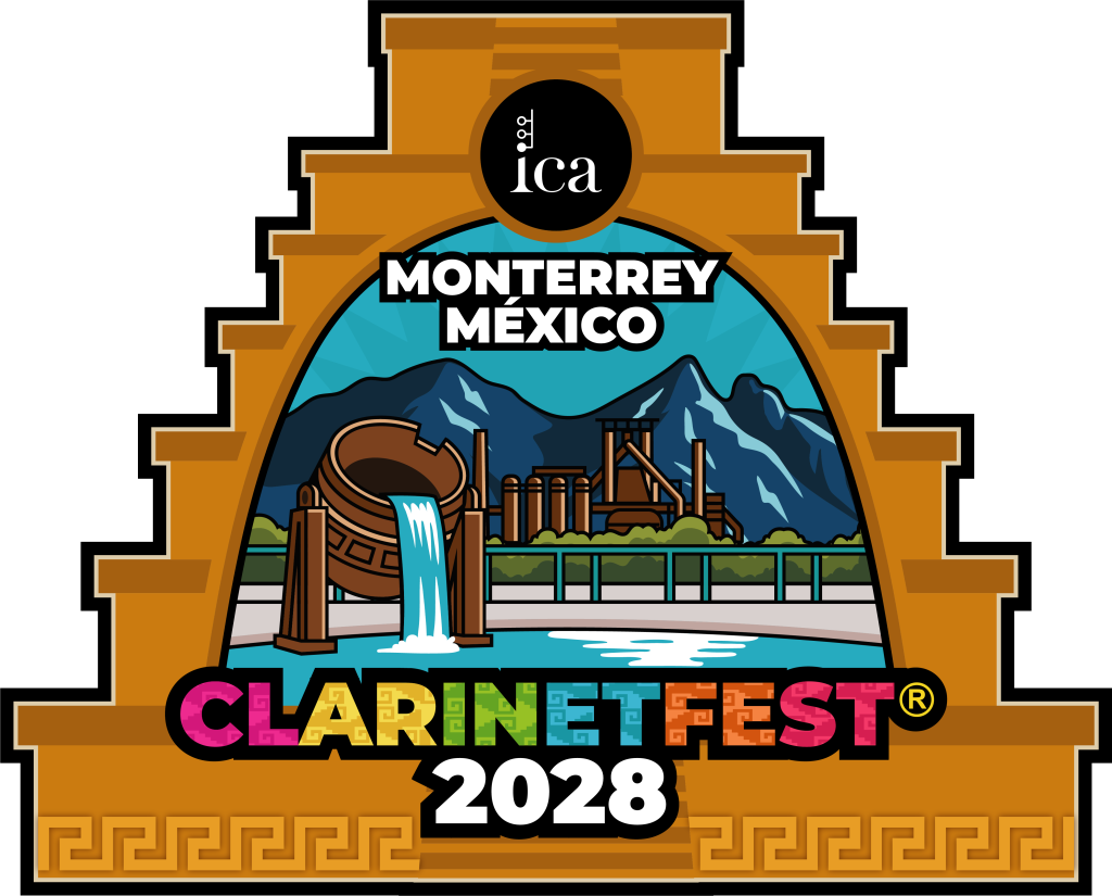 Vibrant ClarinetFest 2028 logo for Monterrey, Mexico, featuring mountain peaks, a waterwheel and stream, with bold, festive lettering.