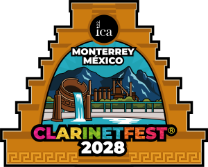 Vibrant ClarinetFest 2028 logo for Monterrey, Mexico, featuring mountain peaks, a waterwheel and stream, with bold, festive lettering.